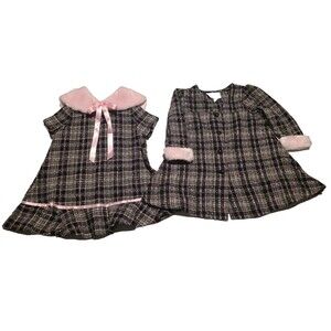 Rare Editions Gray Black Plaid Baby Dress and Coat with Pink Faux Fur 18 Months